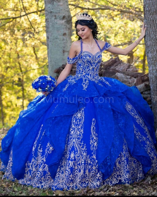 Spaghetti Strap Blue Quinceanera Dress Lace Appliques Sweetheart Neck 15 Dresses