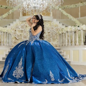 Spaghetti Strap Blue Quinceanera Dress Lace Appliques V Neck 15 Dresses