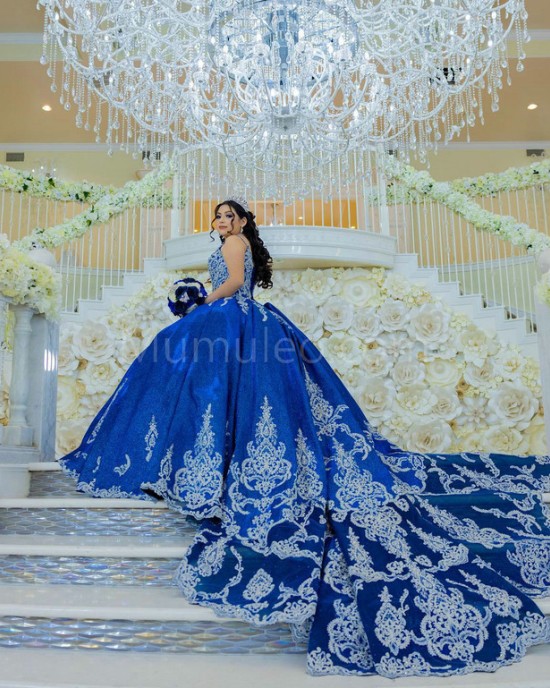 Spaghetti Strap Blue Quinceanera Dress Lace Appliques V Neck 15 Dresses