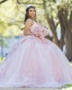 Spaghetti Strap Pink Quinceanera Dress Lace Appliques V Neck 15 Dresses With Bow