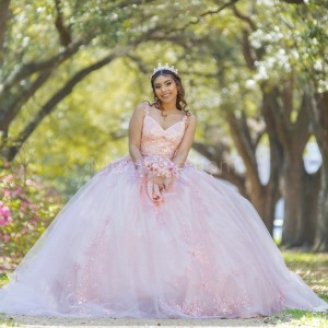 Spaghetti Strap Pink Quinceanera Dress Lace Appliques V Neck 15 Dresses With Bow