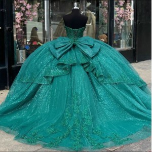 Corset Hunter Green Quinceanera Dress With Big Bow On The Back