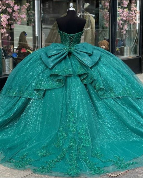 Corset Hunter Green Quinceanera Dress With Big Bow On The Back