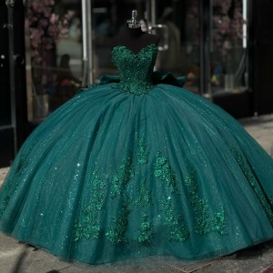 Corset Hunter Green Quinceanera Dress With Big Bow On The Back