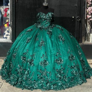 Floral Appliqued Emerald Green Quinceanera Dresses Affordable Sweet 16 Dresses