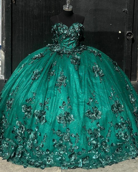 Floral Appliqued Emerald Green Quinceanera Dresses Affordable Sweet 16 Dresses