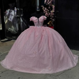 Lace Appliqued Pink Quinceanera Dress Off The Shoulder Junior Prom Dresses