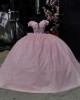 Lace Appliqued Pink Quinceanera Dress Off The Shoulder Junior Prom Dresses