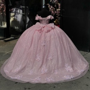 Lace Appliqued Pink Quinceanera Dress Off The Shoulder Junior Prom Dresses