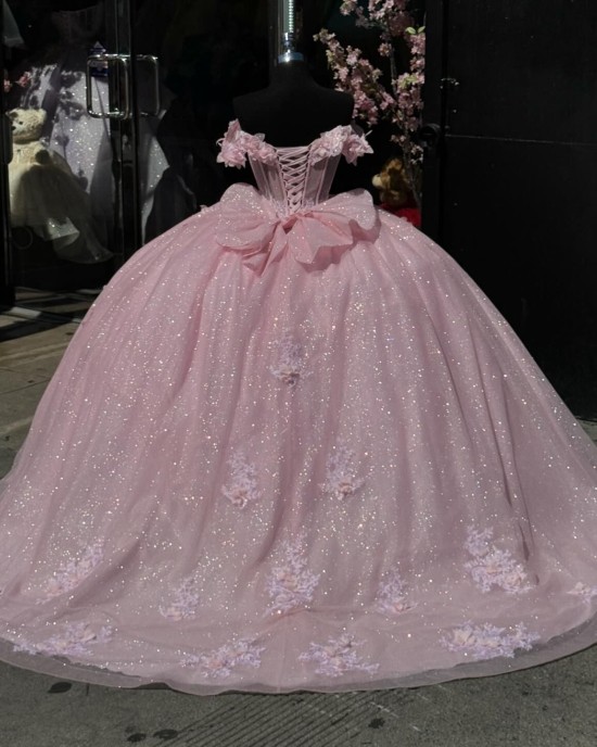 Lace Appliqued Pink Quinceanera Dress Off The Shoulder Junior Prom Dresses